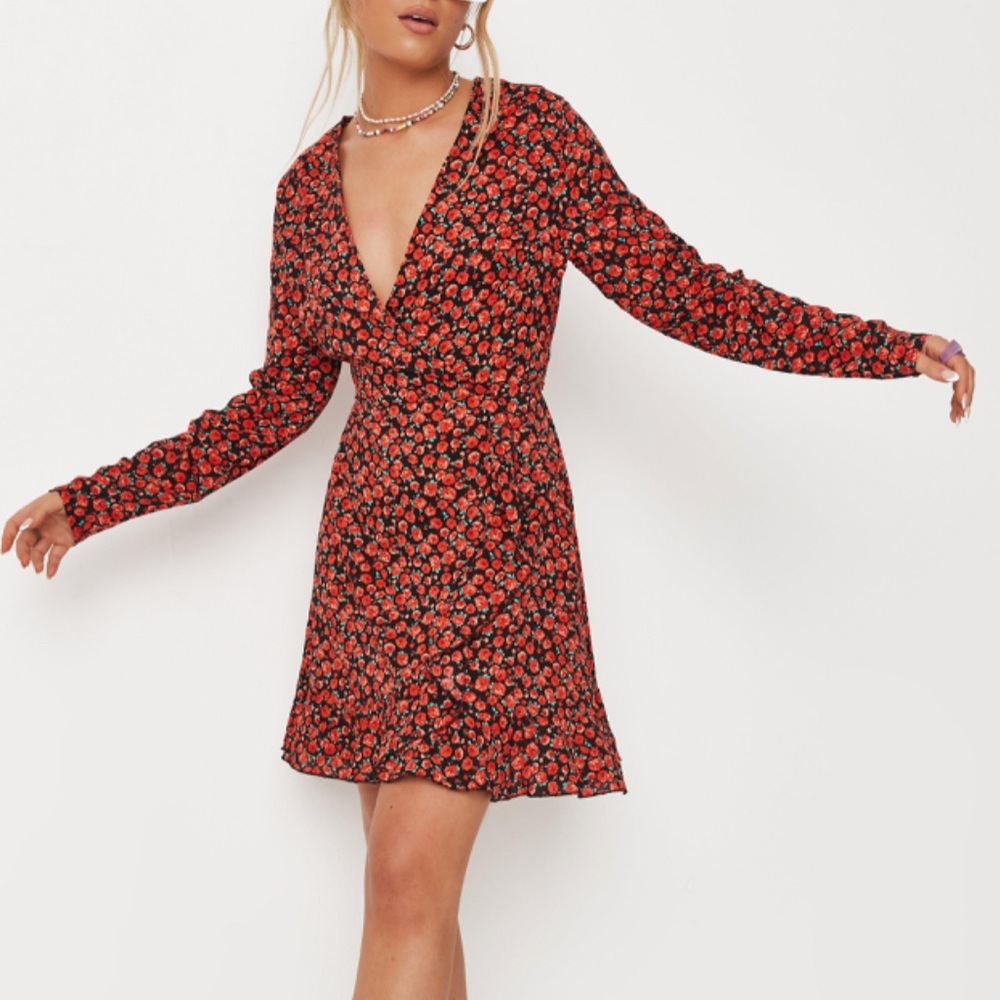 Missguided Black and Red Floral Wrap Dress